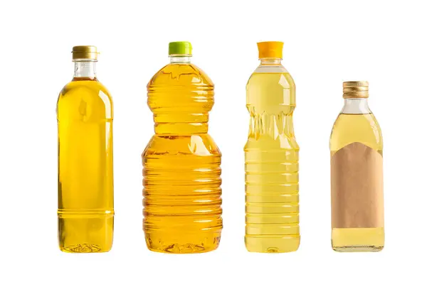 Vegetabilisk Olja Med Olivolja Olika Flaska För Matlagning Isolerad Vit — Stockfoto
