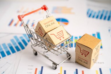 Alışveriş arabasının logosu grafikte. Banka Hesabı, Yatırım Ekonomisi, Ticaret, Ticari İthalat İhracat Taşımacılığı Çevrimiçi.