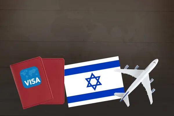 Visa with Israel flag, passport and airplane, trip travel immigration.