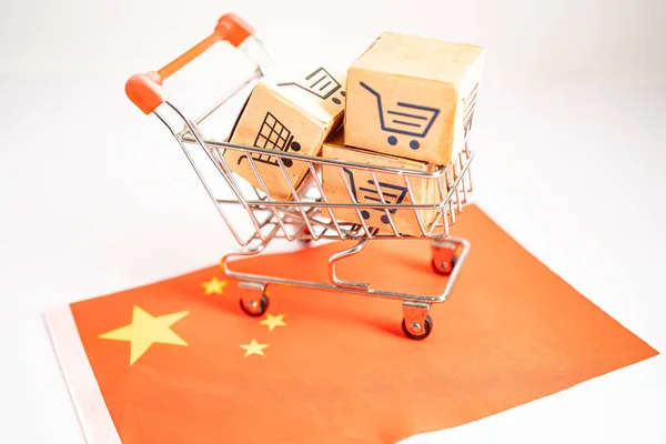 Box with shopping online cart logo and China flag, Import Export commerce finance delivery trade.