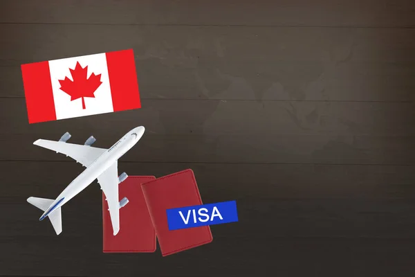 Visa with USA Canada flag, passport and airplane, trip travel immigration.