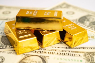 ABD doları üzerindeki altın külçeleri para ve grafik, ekonomi finans ticaret yatırım kavramı.