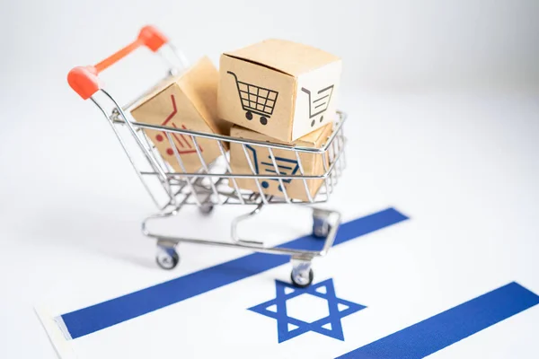 Box with shopping online cart logo and Israel flag, Import Export commerce finance delivery trade.