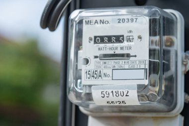 Electric measuring power meter for energy cost at home and office, solar cell concept.