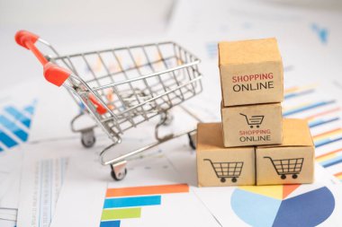 Alışveriş arabasının logosu grafikte. Banka Hesabı, Yatırım Ekonomisi, Ticaret, Ticari İthalat İhracat Taşımacılığı Çevrimiçi.