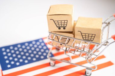 Online alışveriş arabası logosu ve ABD bayraklı kutu, İthalat İhracat Alışveriş çevrimiçi veya ticari finans dağıtım mağazası ürün ticareti, tedarikçisi.