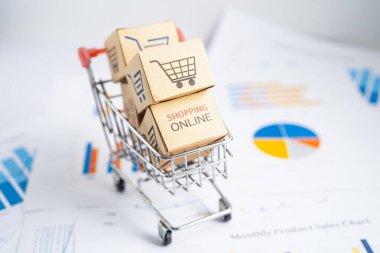 Alışveriş arabasının logosu grafikte. Banka Hesabı, Yatırım Ekonomisi, Ticaret, Ticari İthalat İhracat Taşımacılığı Çevrimiçi.