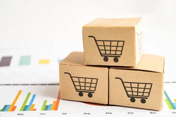 Shopping cart logo on box on graph background. Banking Account, Investment Analytic research data economy, trading, Business import export transportation online company concept.