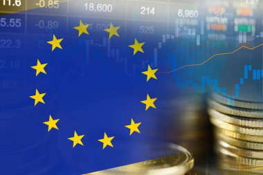 Kar finansmanı iş trendi veri arka plan analiz etmek için borsa yatırım ticareti finansal, sikke ve Avrupa birliği bayrağı veya Forex.