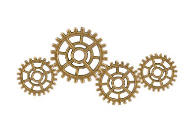Dişliler ve dişliler beyaz arka planda izole edilmiş, saat mekanizması, pirinç metal motor endüstrisi.