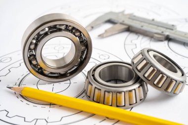 Mühendislik araçları ve mekanik endüstriyel vernier kalibre ve metal top bering.