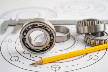 Mühendislik araçları ve mekanik endüstriyel vernier kalibre ve metal top bering.