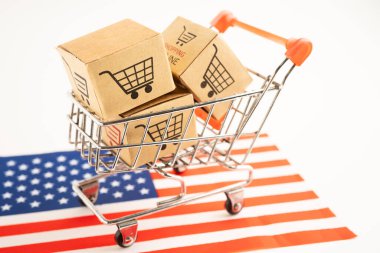 Online alışveriş arabası logosu ve ABD bayraklı kutu, İthalat İhracat Alışveriş çevrimiçi veya ticari finans dağıtım mağazası servis hizmetleri nakliyat, ticaret, tedarikçi.