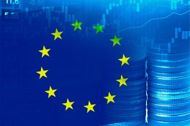 Kar finansmanı iş trendi veri arka plan analiz etmek için borsa yatırım ticareti finansal, sikke ve Avrupa birliği bayrağı veya Forex.