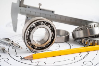 Mühendislik araçları ve mekanik endüstriyel vernier kalibre ve metal top bering.