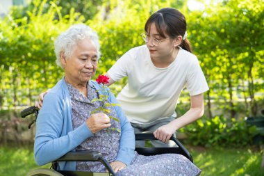Asian elderly woman holding red rose flower, smile and happy in the sunny garden.