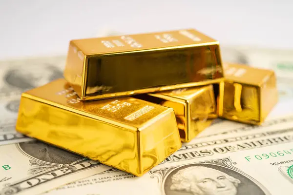 Barra Ouro Notas Dólar Dos Eua Dinheiro Gráfico Conceito Investimento — Fotografia de Stock