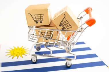 Online alışveriş arabası logosu ve Uruguay bayrağı olan kutu, İthalat İhracat Alışveriş çevrimiçi veya ticari finans mağazası dağıtım hizmetleri nakliyat, ticaret, tedarikçi.