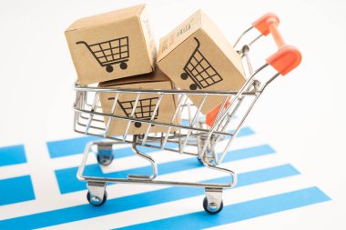 Online alışveriş arabası logosu ve Yunanistan bayrağı bulunan kutu, İthalat İhracat Alışveriş çevrimiçi veya ticari finans servis mağazası ürün taşımacılığı, ticaret, tedarikçi.