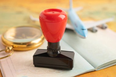 Ülkedeki havaalanında göçmenlik için onaylanmış pul vize ve pasaport belgesi.