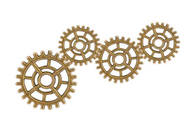 Dişliler ve dişliler beyaz arka planda izole edilmiş, saat mekanizması, pirinç metal motor endüstrisi.