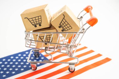 Online alışveriş arabası logosu ve ABD bayraklı kutu, İthalat İhracat Alışveriş çevrimiçi veya ticari finans dağıtım mağazası servis hizmetleri nakliyat, ticaret, tedarikçi.