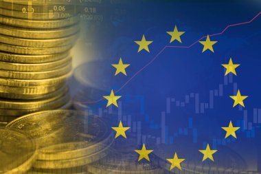 Kar finansmanı iş trendi veri arka plan analiz etmek için borsa yatırım ticareti finansal, sikke ve Avrupa birliği bayrağı veya Forex.