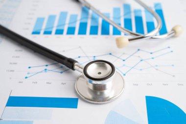 Hesap tablosu ve grafik kağıdına steteskop, Maliye, Hesap, İstatistikler, Yatırım, Analitik araştırma veri ekonomisi ve İş dünyası kavramı.