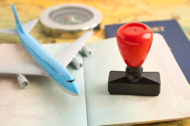 Ülkedeki havaalanında göçmenlik için onaylanmış pul vize ve pasaport belgesi.