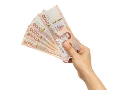 Tayland baht nakit para kadın el izole beyaz arka planda kırpma yolu.