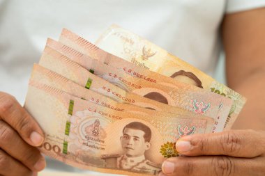 Tayland parası tutan Asyalı kadın, ekonomi finansmanı ticaret yatırımı.