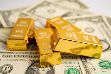 ABD doları üzerindeki altın külçeleri para ve grafik, ekonomi finans ticaret yatırımı.