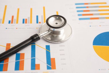 Hesap tablosu ve grafik kağıdına steteskop, Maliye, Hesap, İstatistikler, Yatırım, Analitik araştırma veri ekonomisi ve İş dünyası.