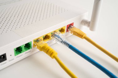 İnternet servis sağlayıcısına kablosuz yönlendirici bağlı ethernet kablosu.