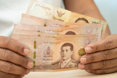 Tayland parası tutan Asyalı kadın, ekonomi finansmanı ticaret yatırımı.