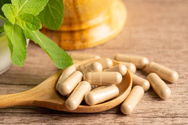 Alternatif ilaç bitkisel organik kapsül E omega 3 vitamini balık yağı, mineral, bitki yapraklı ilaç sağlıklı yaşam için doğal destek.