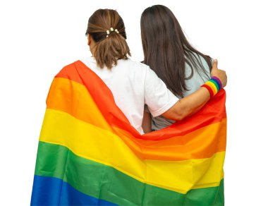 LGBT gökkuşağı bayrağı taşıyan Asyalı çift.