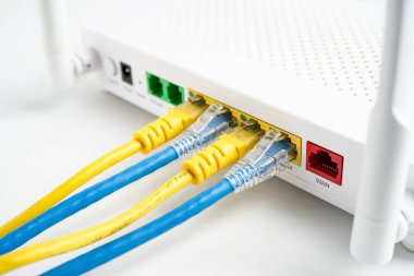 İnternet servis sağlayıcısına kablosuz yönlendirici bağlı ethernet kablosu.