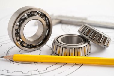 Mühendislik araçları ve mekanik endüstriyel vernier kalibre ve metal top bering.