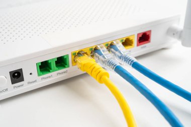 İnternet servis sağlayıcısına kablosuz yönlendirici bağlı ethernet kablosu.
