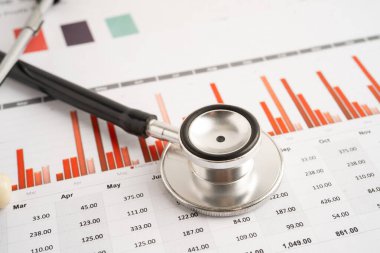 Hesap tablosu ve grafik kağıdına steteskop, Maliye, Hesap, İstatistikler, Yatırım, Analitik araştırma veri ekonomisi ve İş dünyası.