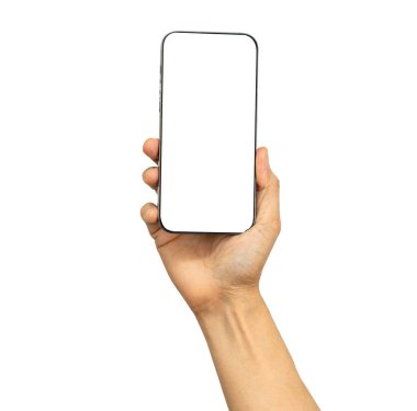 Asyalı kadın eli ile beyaz ekranlı mobil akıllı telefon beyaz arka planda kırpma yolu ile izole iletişim için.