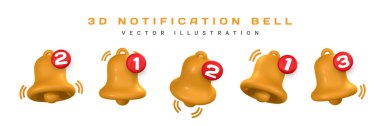 3D uyarı zili. Tatlı, gerçekçi, sarı zil. Vektör illüstrasyonu.