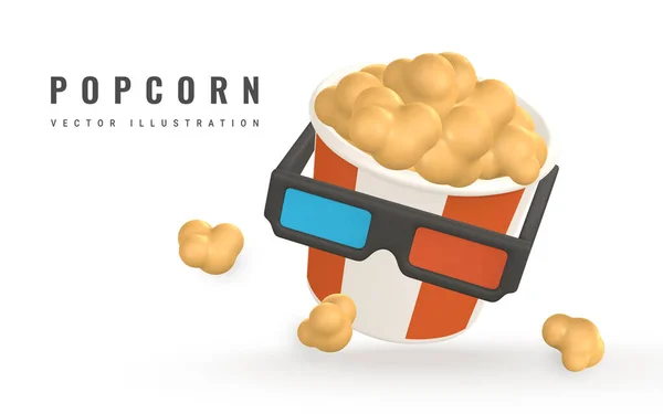 Realista Contenedor Cubo Maíz Pop Con Gafas Para Ver Películas — Vector de stock