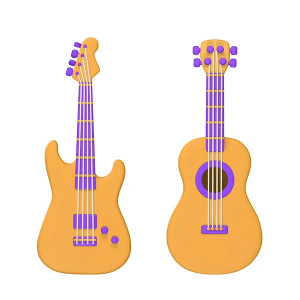 3Dプラスチック漫画のスタイルで音楽コンセプトデザインのための現実的な電気とアコースティックギター ベクターイラスト — ストックベクタ