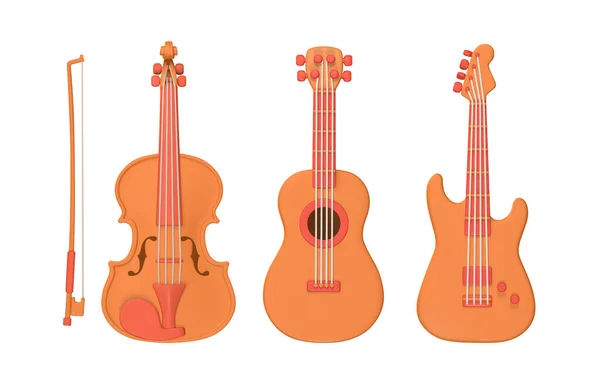 3D現実的なバイオリン プラスチック漫画のスタイルで音楽のコンセプトデザインのための電気とアコースティックギター ベクターイラスト — ストックベクタ
