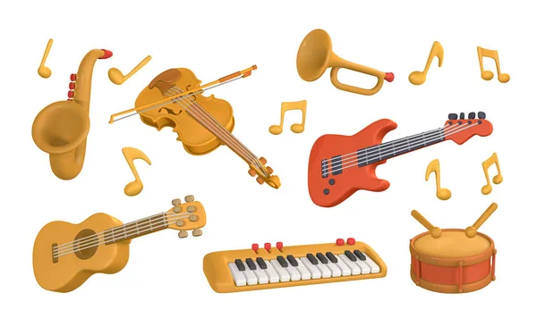 Realistisk Trumpet Saxofon Violin Elektrisk Och Akustisk Gitarr Trumma Synt — Stock vektor