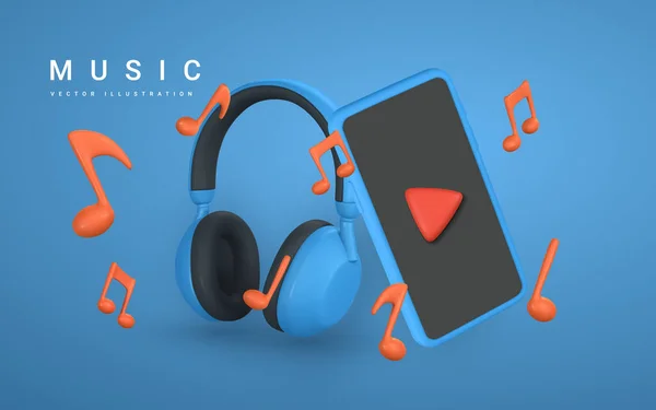 Music Banner Realistic Smartphone Music Notes Headphone Plastic Cartoon Style — Stock Vector