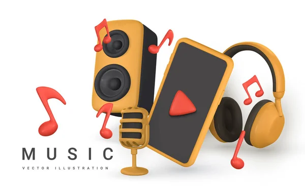 Musik Banner Realistisches Mikrofon Smartphone Musiknoten Kopfhörer Und Audio Lautsprecher — Stockvektor
