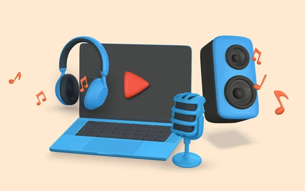 Musik Banner Realistisches Mikrofon Laptop Musiknoten Kopfhörer Und Lautsprecher Cartoon — Stockvektor